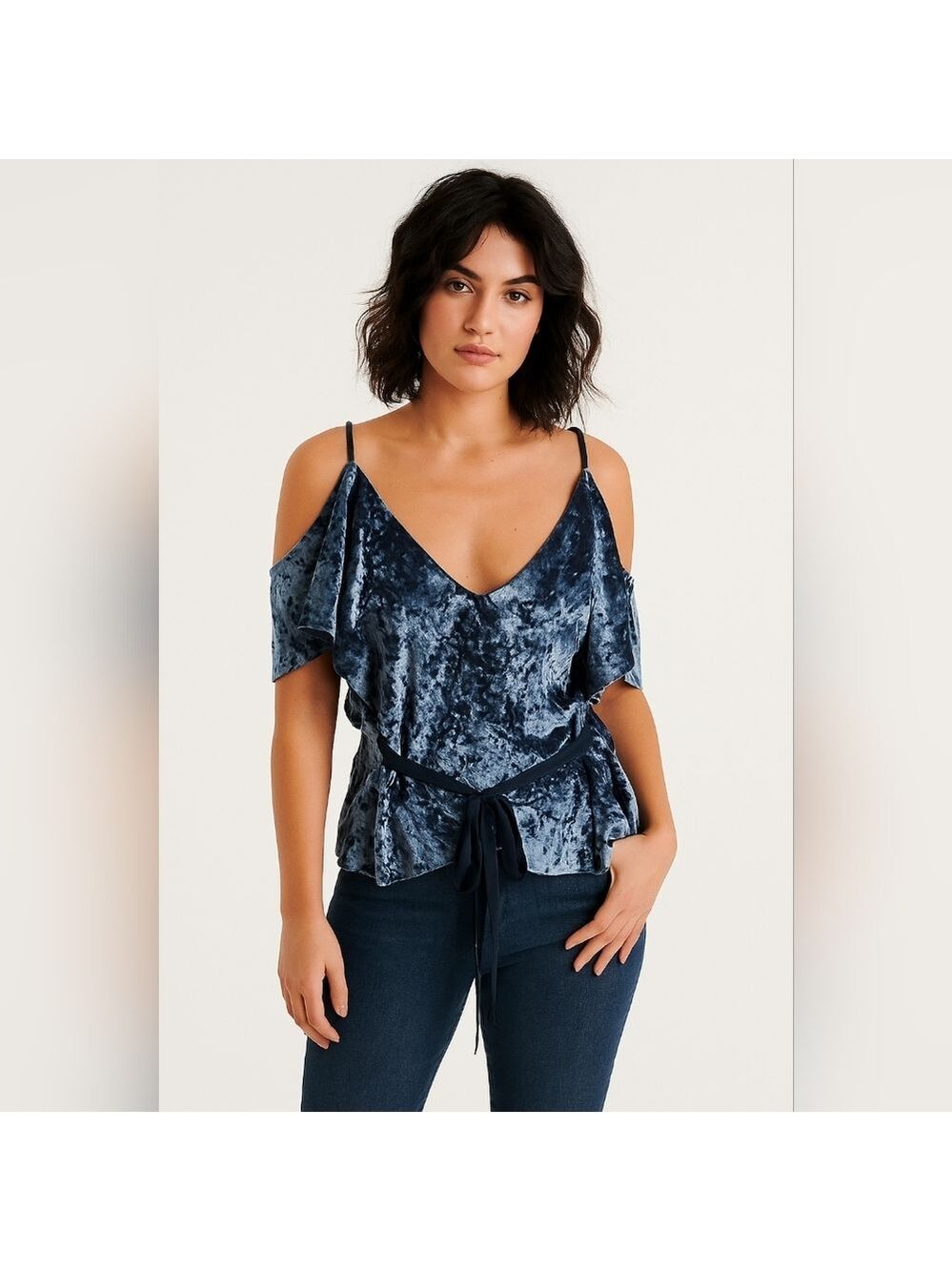 Velvet Blue Cut Out Shoulder Blouse with belt